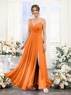 A-Line/Princess V-Neck Spaghetti Straps Sleeveless Floor-Length Chiffon Bridesmaid Dresses with Split Side — view 72
