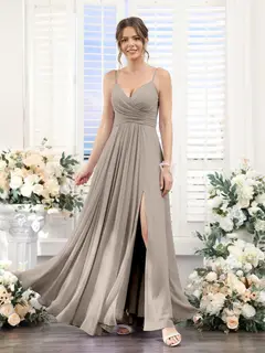 A-Line/Princess V-Neck Spaghetti Straps Sleeveless Floor-Length Chiffon Bridesmaid Dresses with Split Side — view 73