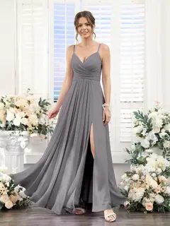 A-Line/Princess V-Neck Spaghetti Straps Sleeveless Floor-Length Chiffon Bridesmaid Dresses with Split Side — view 74