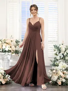 A-Line/Princess V-Neck Spaghetti Straps Sleeveless Floor-Length Chiffon Bridesmaid Dresses with Split Side — view 76