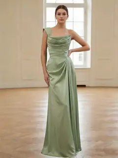 Sheath/Column One-Shoulder Silk Satin Bridesmaid Dresses Sleeveless Floor-Length Ruched — view 1
