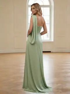 Sheath/Column One-Shoulder Silk Satin Bridesmaid Dresses Sleeveless Floor-Length Ruched — view 2