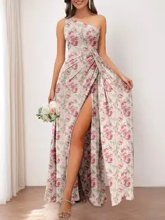 Sheath/Column One-Shoulder Printed Floral Bridesmaid Dresses with Split Side & Ruffles — view 1