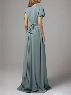 A-Line/Princess V-Neck Short Sleeves Floor-Length Chiffon Wedding Guest Dresses — view 2