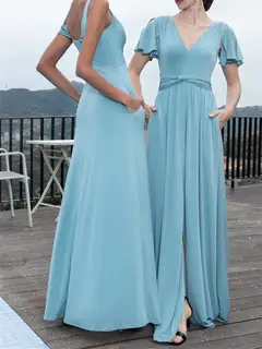A-Line/Princess V-Neck Short Sleeves Floor-Length Chiffon Wedding Guest Dresses — view 3