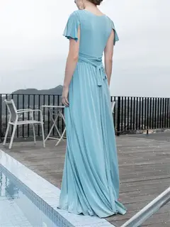 A-Line/Princess V-Neck Short Sleeves Floor-Length Chiffon Wedding Guest Dresses — view 4