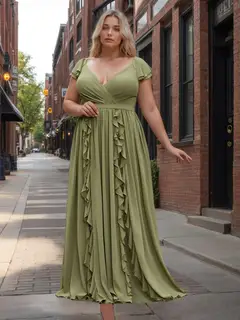 A-Line/Princess Deep V-Neck Short Sleeves Floor-Length Chiffon Plus Size Bridesmaid Dresses with Ruched — view 1