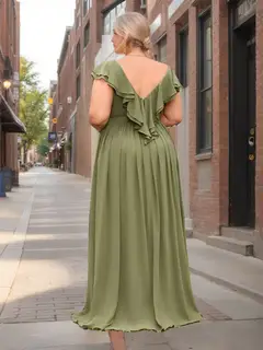 A-Line/Princess Deep V-Neck Short Sleeves Floor-Length Chiffon Plus Size Bridesmaid Dresses with Ruched — view 2