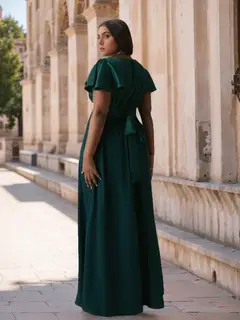 A-Line/Princess V-Neck Short Sleeves Floor-Length Stretch Satin Plus Size Bridesmaid Dresses — view 2