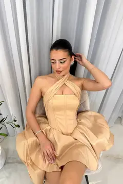 Minimal Champagne Satin Halter High-Low Ballgown Homecoming Dress — view 3