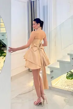 Minimal Champagne Satin Halter High-Low Ballgown Homecoming Dress — view 4