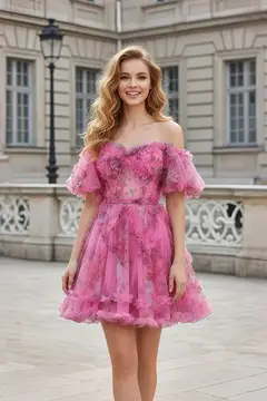 Hot Pink Floral Tulle Off-Shoulder Puff Sleeve Ballgown — view 3