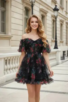 Hot Pink Floral Tulle Off-Shoulder Puff Sleeve Ballgown — view 5
