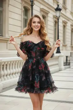 Hot Pink Floral Tulle Off-Shoulder Puff Sleeve Ballgown — view 6