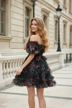 Hot Pink Floral Tulle Off-Shoulder Puff Sleeve Ballgown — view 7