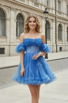 Cobalt Blue Tulle Off-Shoulder Fit-and-Flare Mini Homecoming Dress — view 2