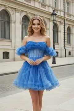 Cobalt Blue Tulle Off-Shoulder Fit-and-Flare Mini Homecoming Dress — view 4