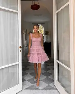 Elegant Spaghetti Strap Tiered Tulle Homecoming Dress with Bow Accents — view 3