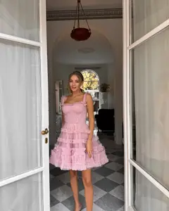 Elegant Spaghetti Strap Tiered Tulle Homecoming Dress with Bow Accents — view 4