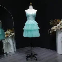 Turquoise Beaded Corset Tiered Tulle Homecoming Dress with Lace-Up Back — view 3