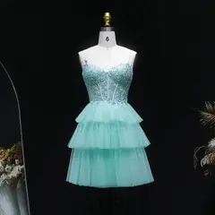Turquoise Beaded Corset Tiered Tulle Homecoming Dress with Lace-Up Back — view 4