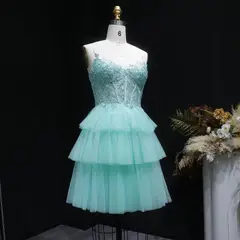 Turquoise Beaded Corset Tiered Tulle Homecoming Dress with Lace-Up Back — view 5