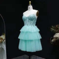 Turquoise Beaded Corset Tiered Tulle Homecoming Dress with Lace-Up Back — view 6