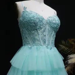 Turquoise Beaded Corset Tiered Tulle Homecoming Dress with Lace-Up Back — view 7