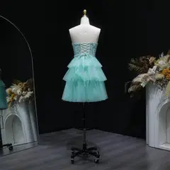 Turquoise Beaded Corset Tiered Tulle Homecoming Dress with Lace-Up Back — view 9