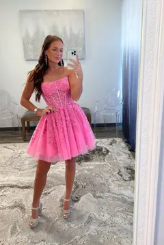Hot Pink Strapless Lace Ballgown Homecoming Dress — view 2