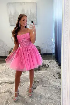 Hot Pink Strapless Lace Ballgown Homecoming Dress — view 3
