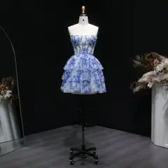 Blue Watercolor Print Strapless Mini Ballgown Homecoming Dress — view 5