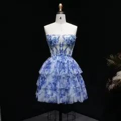 Blue Watercolor Print Strapless Mini Ballgown Homecoming Dress — view 6