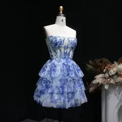 Blue Watercolor Print Strapless Mini Ballgown Homecoming Dress — view 7