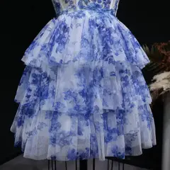 Blue Watercolor Print Strapless Mini Ballgown Homecoming Dress — view 9