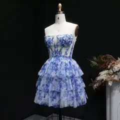 Blue Watercolor Print Strapless Mini Ballgown Homecoming Dress — view 10