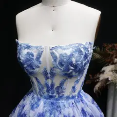 Blue Watercolor Print Strapless Mini Ballgown Homecoming Dress — view 11