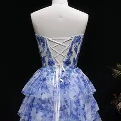 Blue Watercolor Print Strapless Mini Ballgown Homecoming Dress — view 12