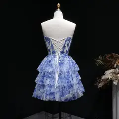 Blue Watercolor Print Strapless Mini Ballgown Homecoming Dress — view 13