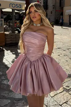 Pink Satin Mini Ball Dress Sweetheart Pleats Homecoming Dress — view 1