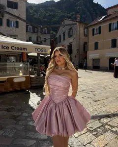 Pink Satin Mini Ball Dress Sweetheart Pleats Homecoming Dress — view 2