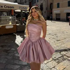 Pink Satin Mini Ball Dress Sweetheart Pleats Homecoming Dress — view 3
