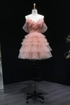 Peach Pink Tiered Tulle Homecoming Dress with 3D Floral Off-Shoulder — view 1