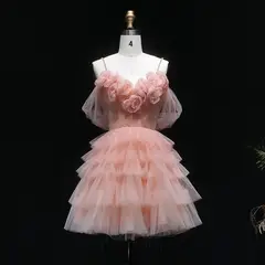 Peach Pink Tiered Tulle Homecoming Dress with 3D Floral Off-Shoulder — view 2