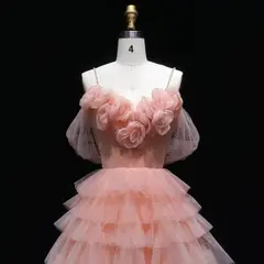 Peach Pink Tiered Tulle Homecoming Dress with 3D Floral Off-Shoulder — view 3