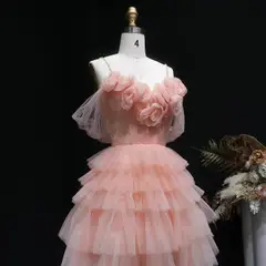 Peach Pink Tiered Tulle Homecoming Dress with 3D Floral Off-Shoulder — view 4