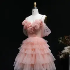 Peach Pink Tiered Tulle Homecoming Dress with 3D Floral Off-Shoulder — view 5