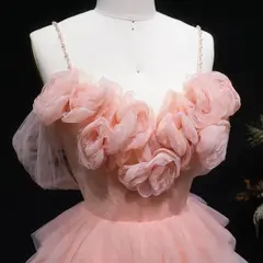 Peach Pink Tiered Tulle Homecoming Dress with 3D Floral Off-Shoulder — view 6