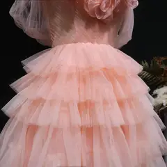 Peach Pink Tiered Tulle Homecoming Dress with 3D Floral Off-Shoulder — view 7