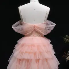 Peach Pink Tiered Tulle Homecoming Dress with 3D Floral Off-Shoulder — view 9